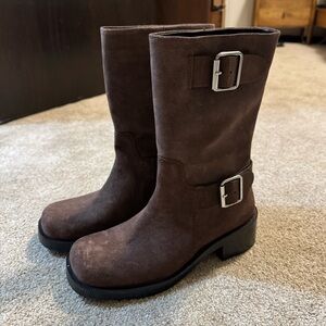 Zara Brown Suede Buckle Moto Boots